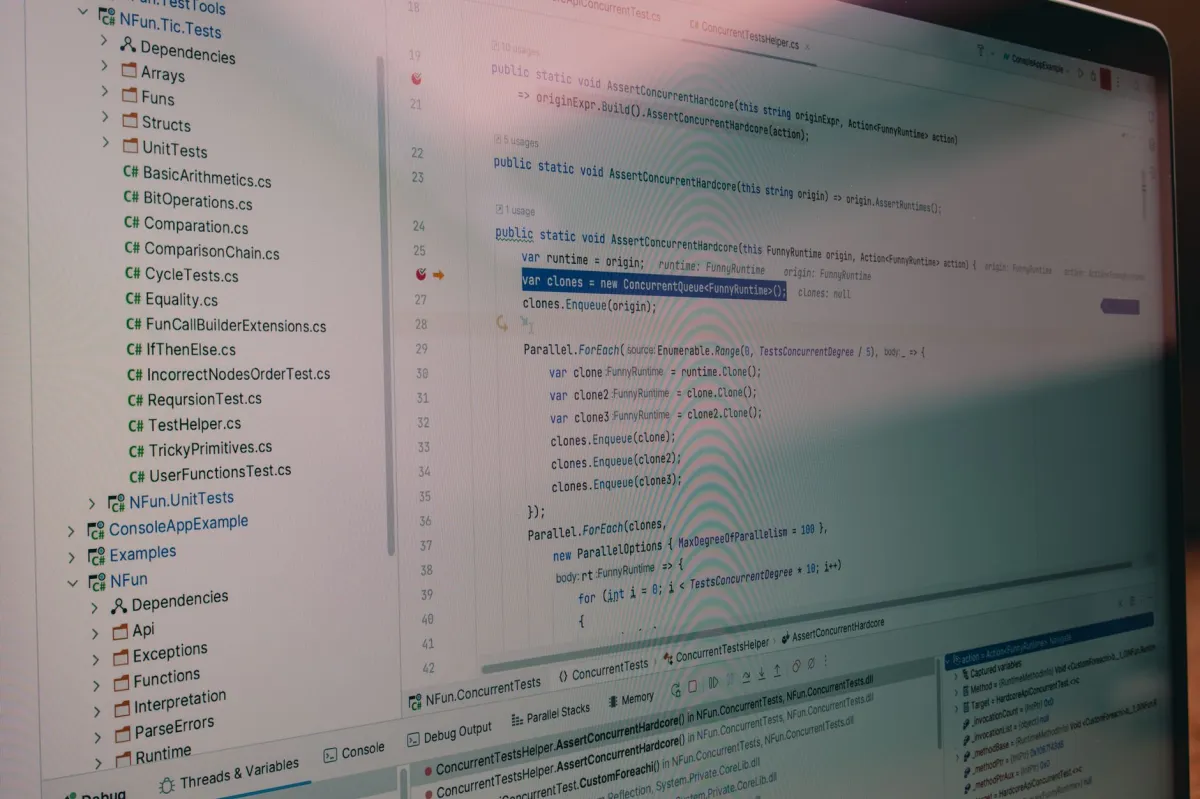 Detailed view of code and file structure in a software development environment.